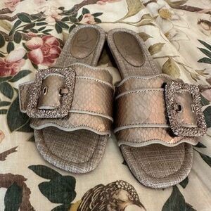 Sam Edelman Bambi 2 Snakeskin Embossed Metallic Slide with Metallic Buckle- 8.5